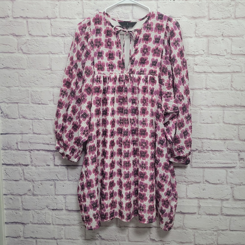 Abbey Glass Purple Pansy Ikat Dress Size M Balloon Sleeves Crinkle‎ Empire Waist